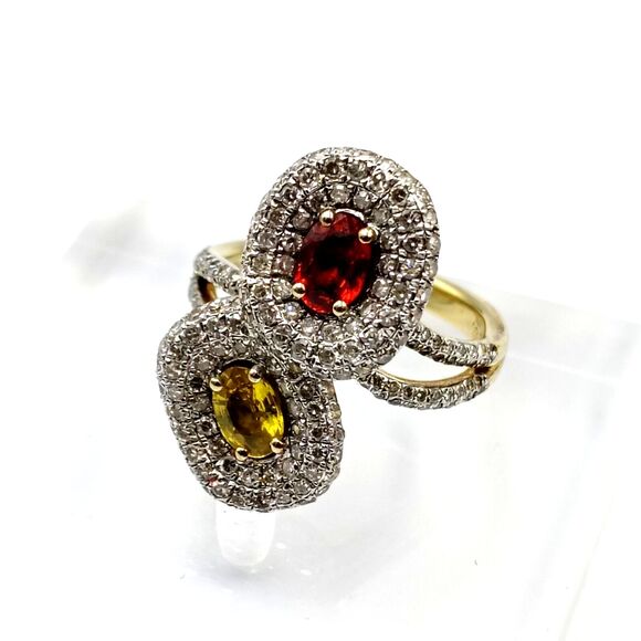 Sterling Silver 925 Vermeil Red & Yellow Sapphire Pave Diamond Ring Sz 6.5